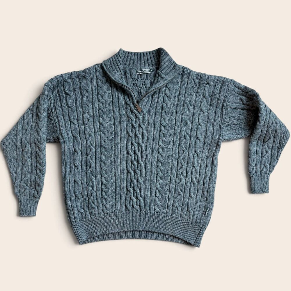 WoolOvers Size L 100% Wool Cable Knit Quarter Zip Sweater Green Fisherman